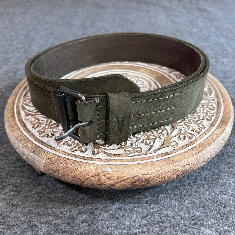 AllSaints Mens Olive Green Suede Leather Belt Size 36 Ramskull Gunmetal Buckle